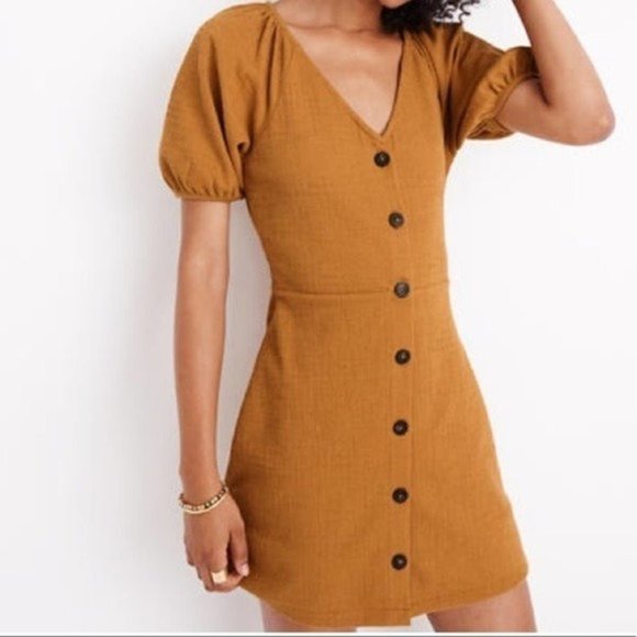 Madewell Dresses & Skirts - Madewell Texture & Thread Egyptian Gold Puff Sleeve Button Down Dress NWT